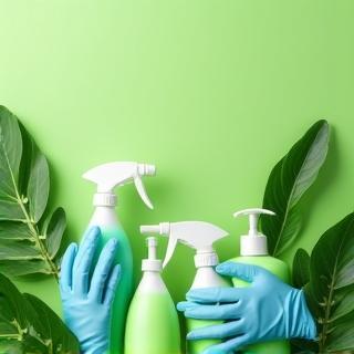 Produit écologique et gants sur un fond vert