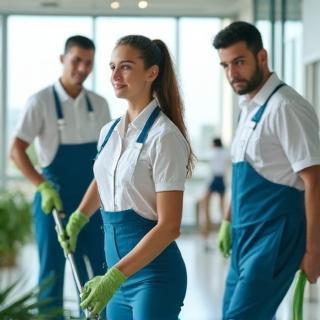 Équipe Propreté Élite en uniforme effectuant un nettoyage écologique